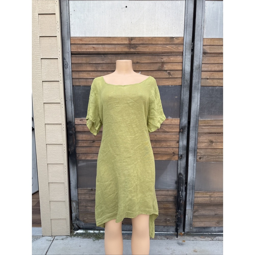 Made in Italy Linen Lagenlook Tunic Dress Chartreuse Asymmetrical Ruched Yellow